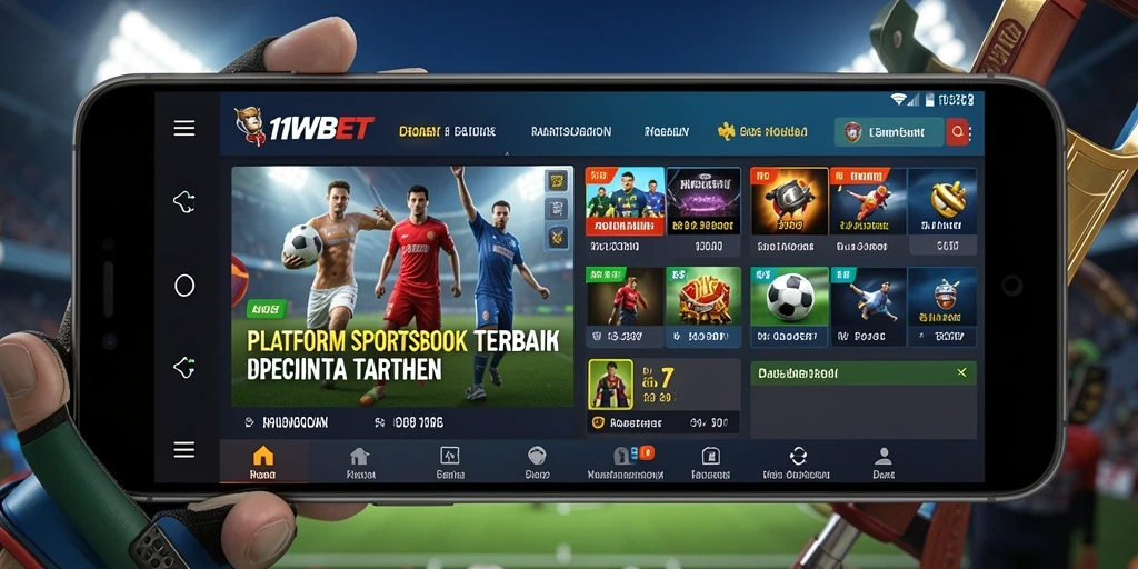 Screenshot utama 11WBET menampilkan antarmuka aplikasi Sportsbook yang menarik.