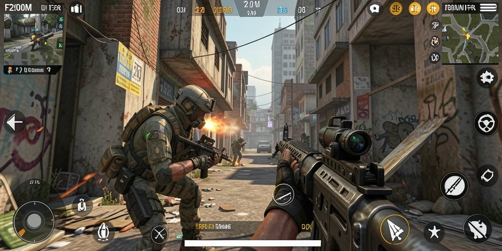 Tangkapan layar gameplay seru F200M di medan perang FPS.