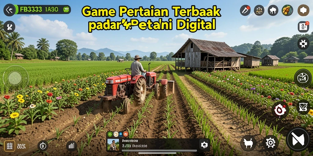 Tangkapan layar gameplay FB333 menampilkan ladang yang subur dan aktivitas pertanian.