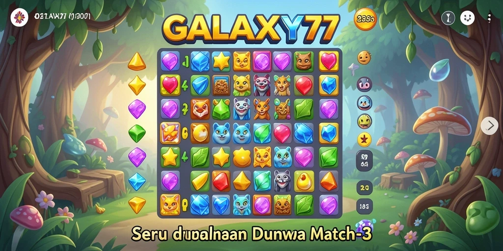 Screenshot GALAXY77 menampilkan aksi seru mencocokkan batu permata.