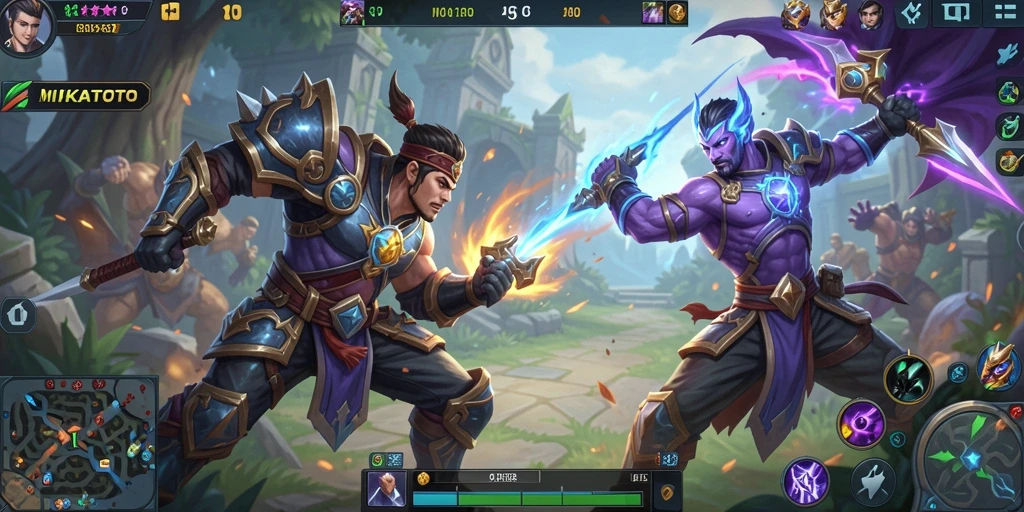Screenshot gameplay MIKATOTO yang menunjukkan pertarungan seru antar hero.