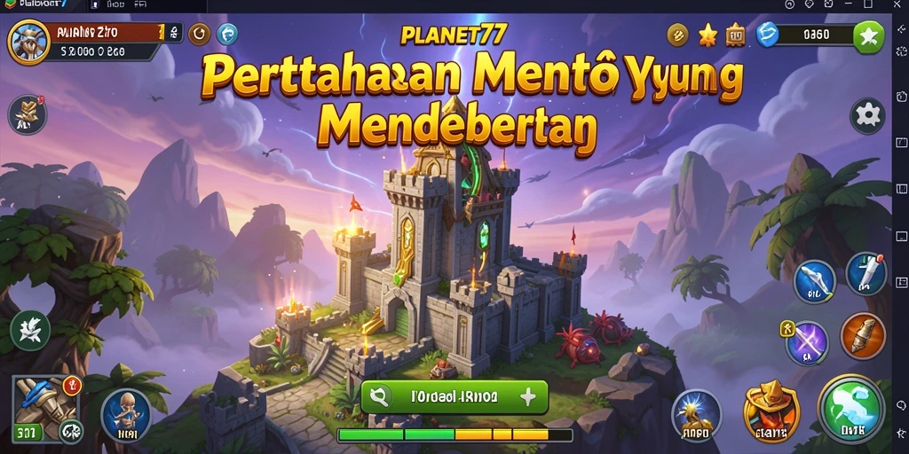 Screenshot utama PLANET77 menunjukkan aksi pertahanan menara yang seru.