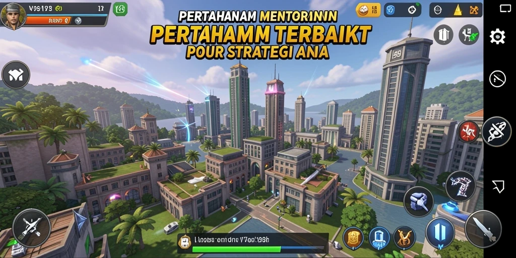 Tangkapan layar utama V98 menunjukkan pertarungan seru dengan menara dan musuh yang berbeda.